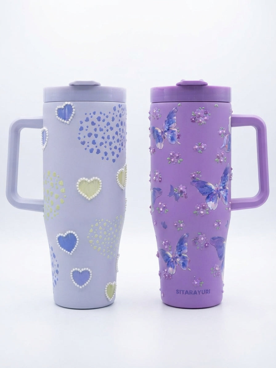 SITARAYURI Purple Butterfly & Pearl Embellished Insulated Stainless Steel Tumbler