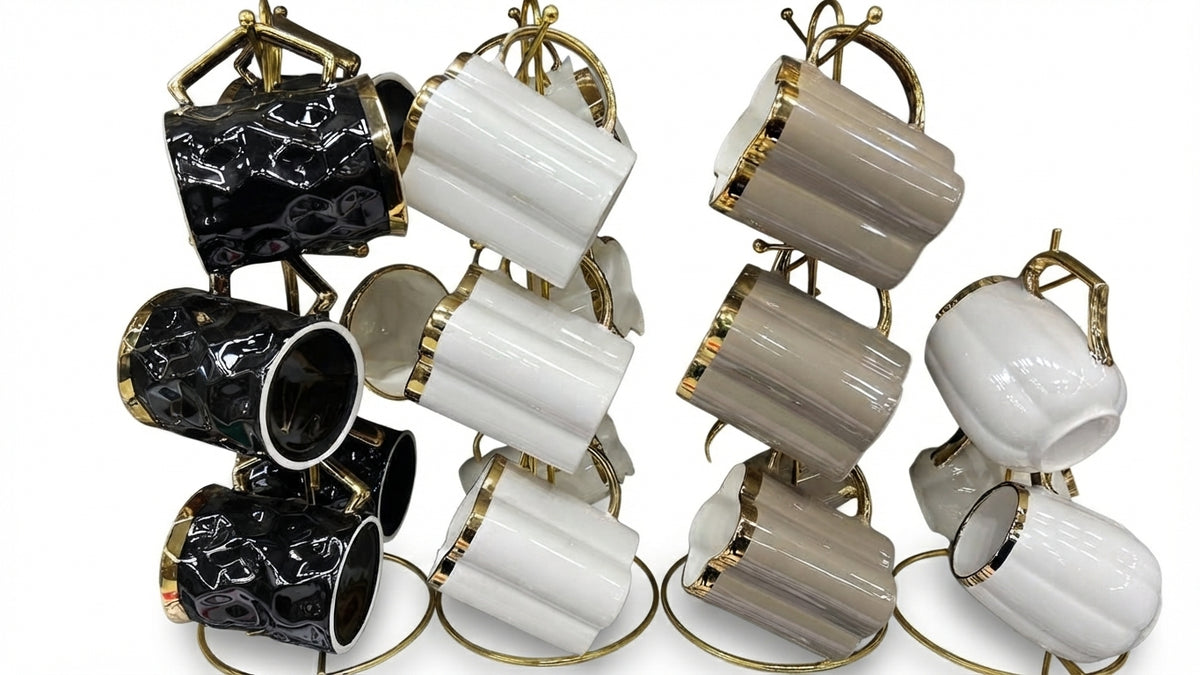 Elegant 6PC Ceramic Cup Set with Premium Metal Holder