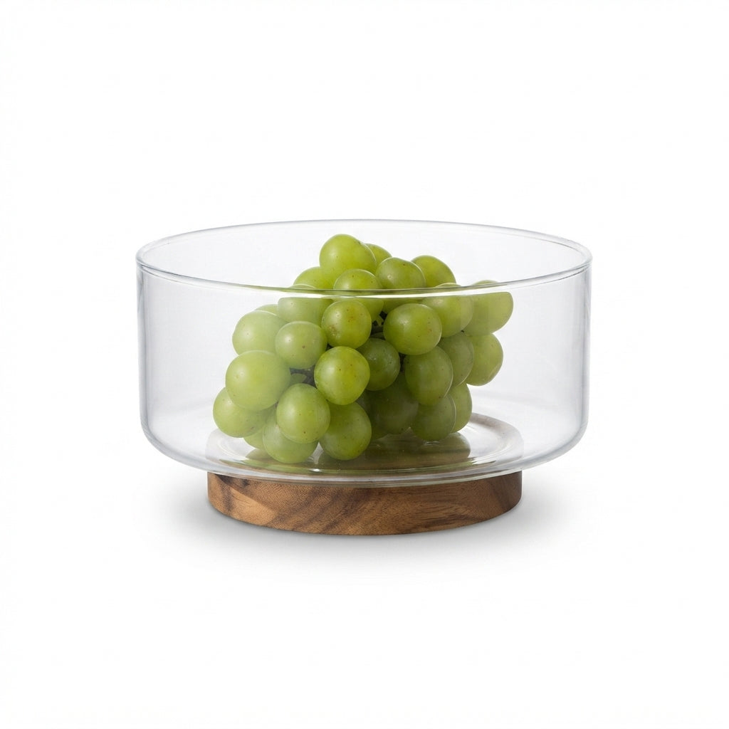 Modern Glass Fruit Bowl With Premium Wooden Base