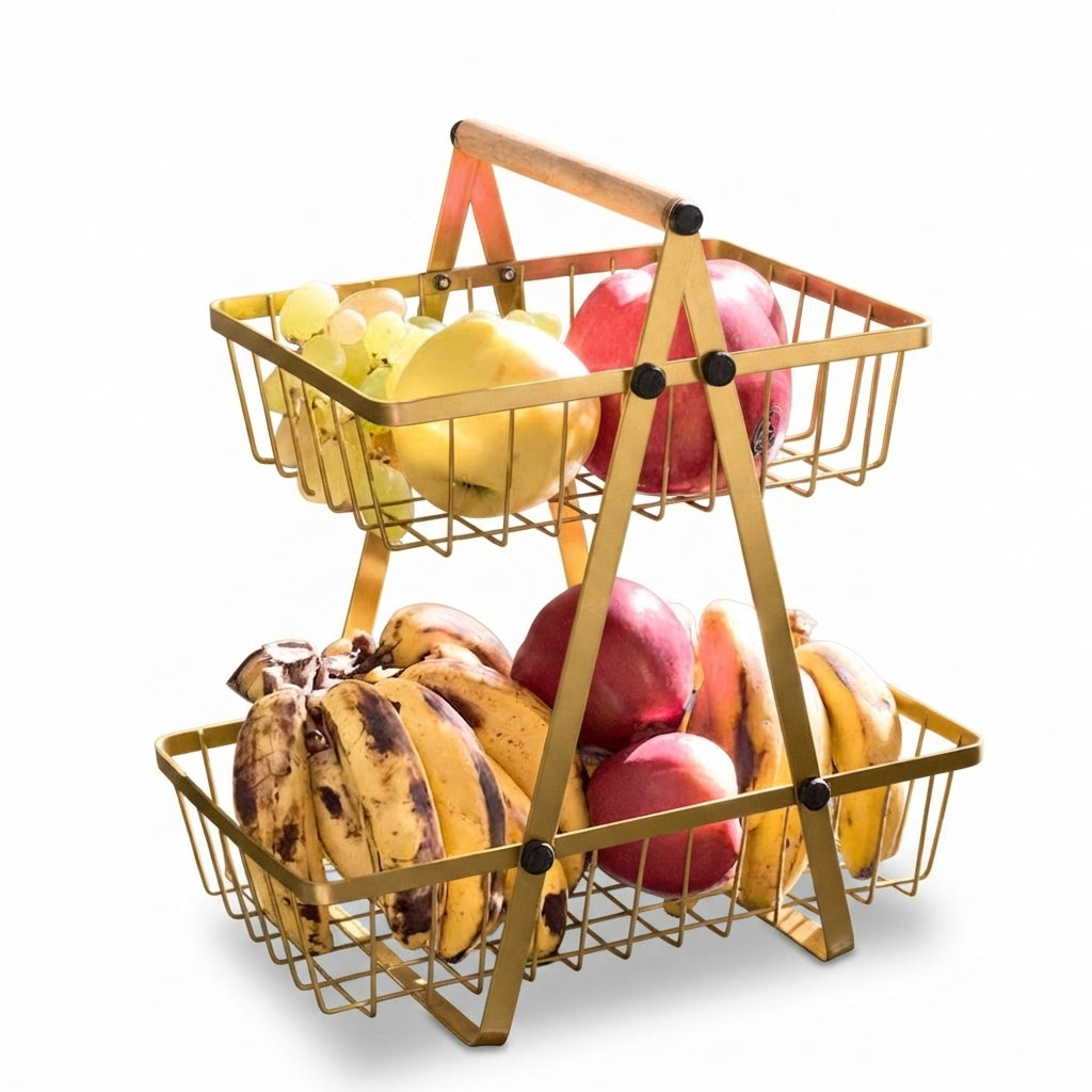 2 Tier Golden Metal Countertop Fruit Basket