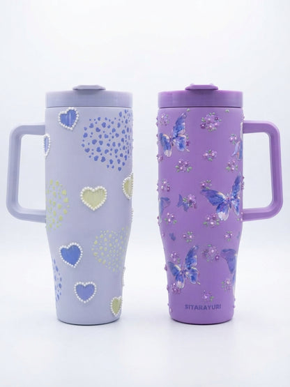 SITARAYURI Purple Butterfly & Pearl Embellished Insulated Stainless Steel Tumbler