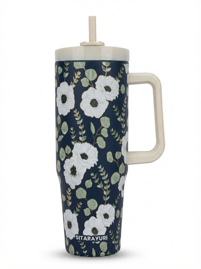 SITARAYURI Elegant Floral Print Stainless Steel Tumbler with Straw & Handle