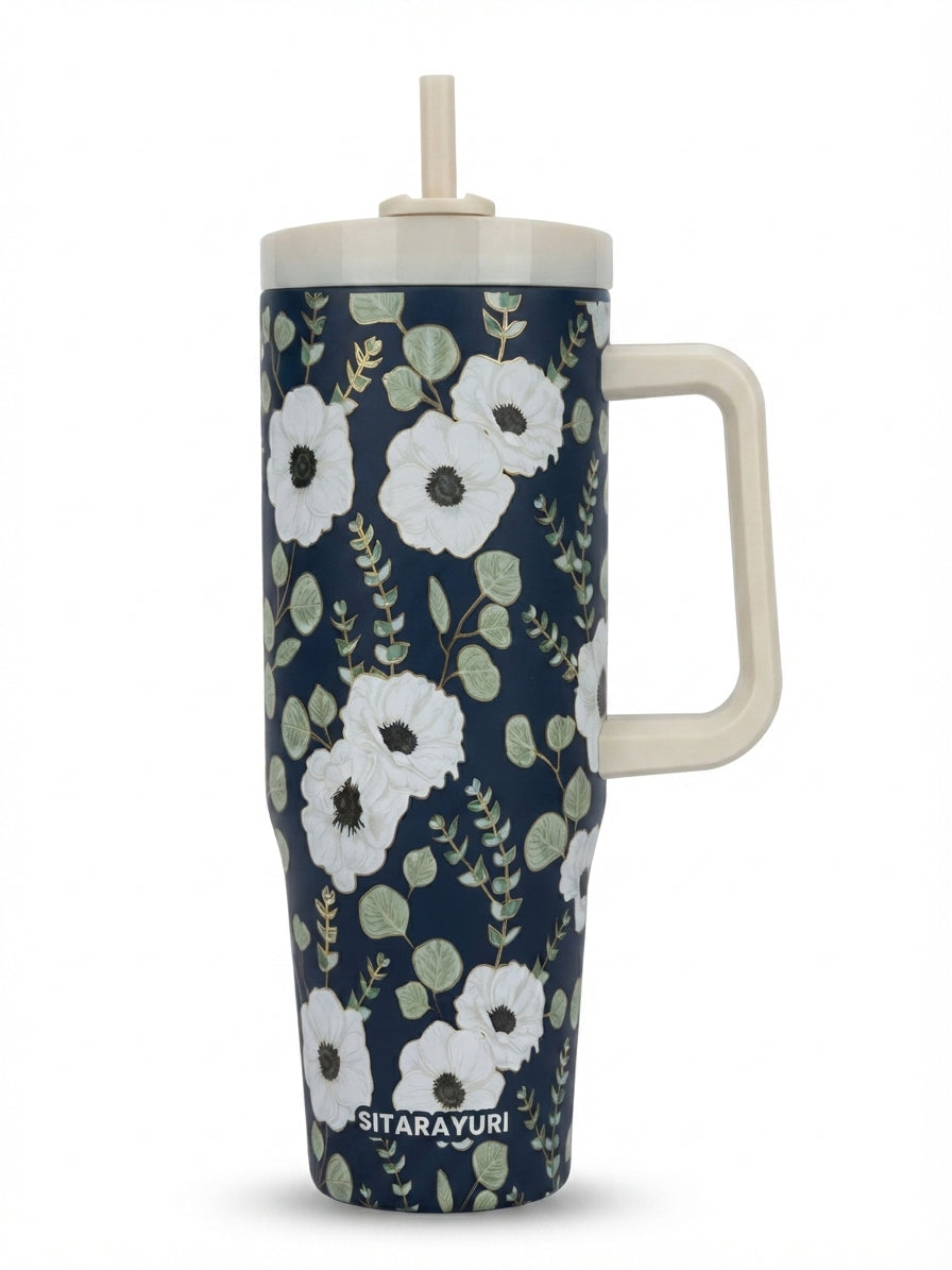 SITARAYURI Elegant Floral Print Stainless Steel Tumbler with Straw & Handle