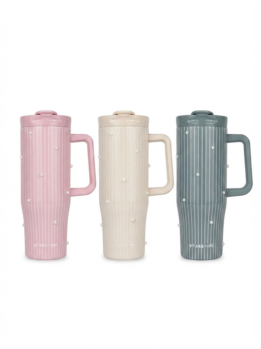 SITARAYURI Luxury Pearl Embellished Insulated Tumbler with Straw & Handle