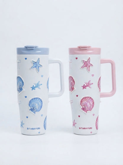 SITARAYURI Ocean Pearl & Seashell Insulated Stainless Steel Tumbler with Straw & Handle