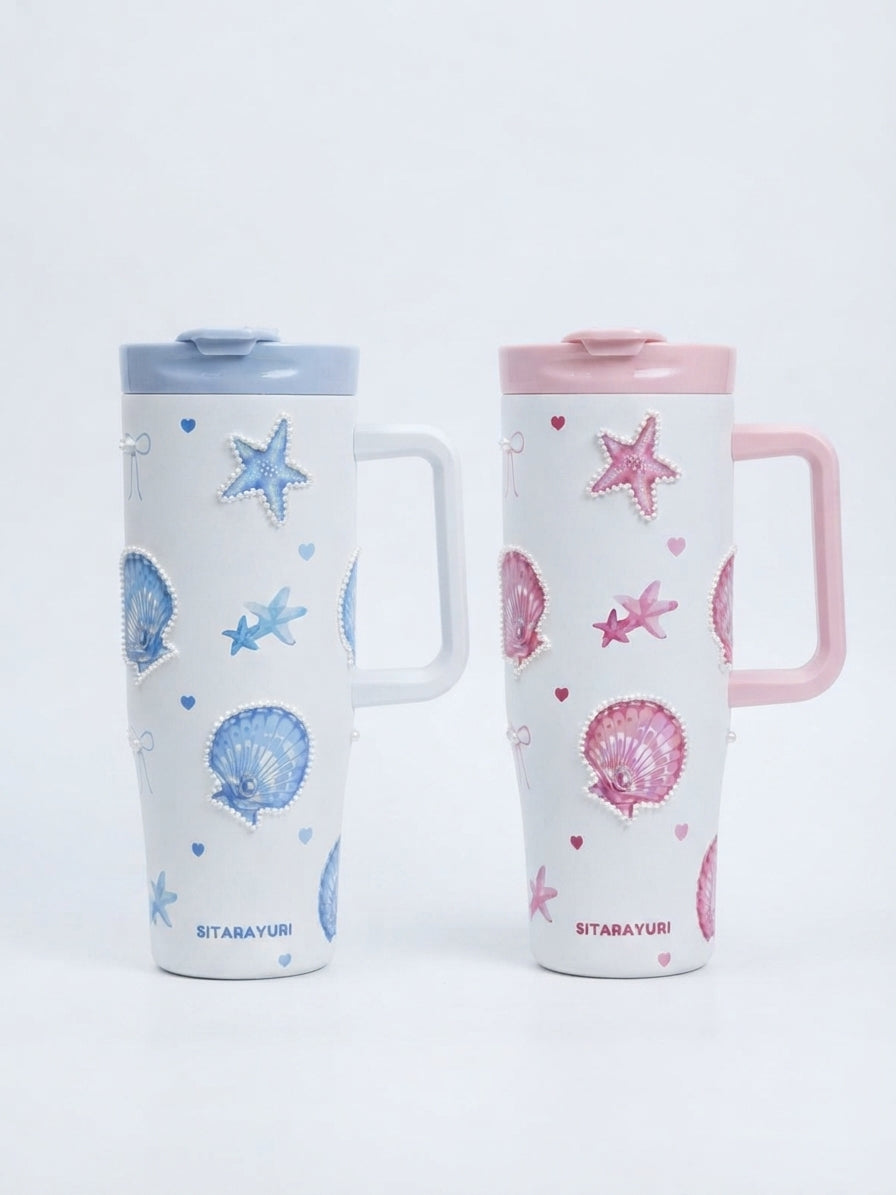 SITARAYURI Ocean Pearl & Seashell Insulated Stainless Steel Tumbler with Straw & Handle
