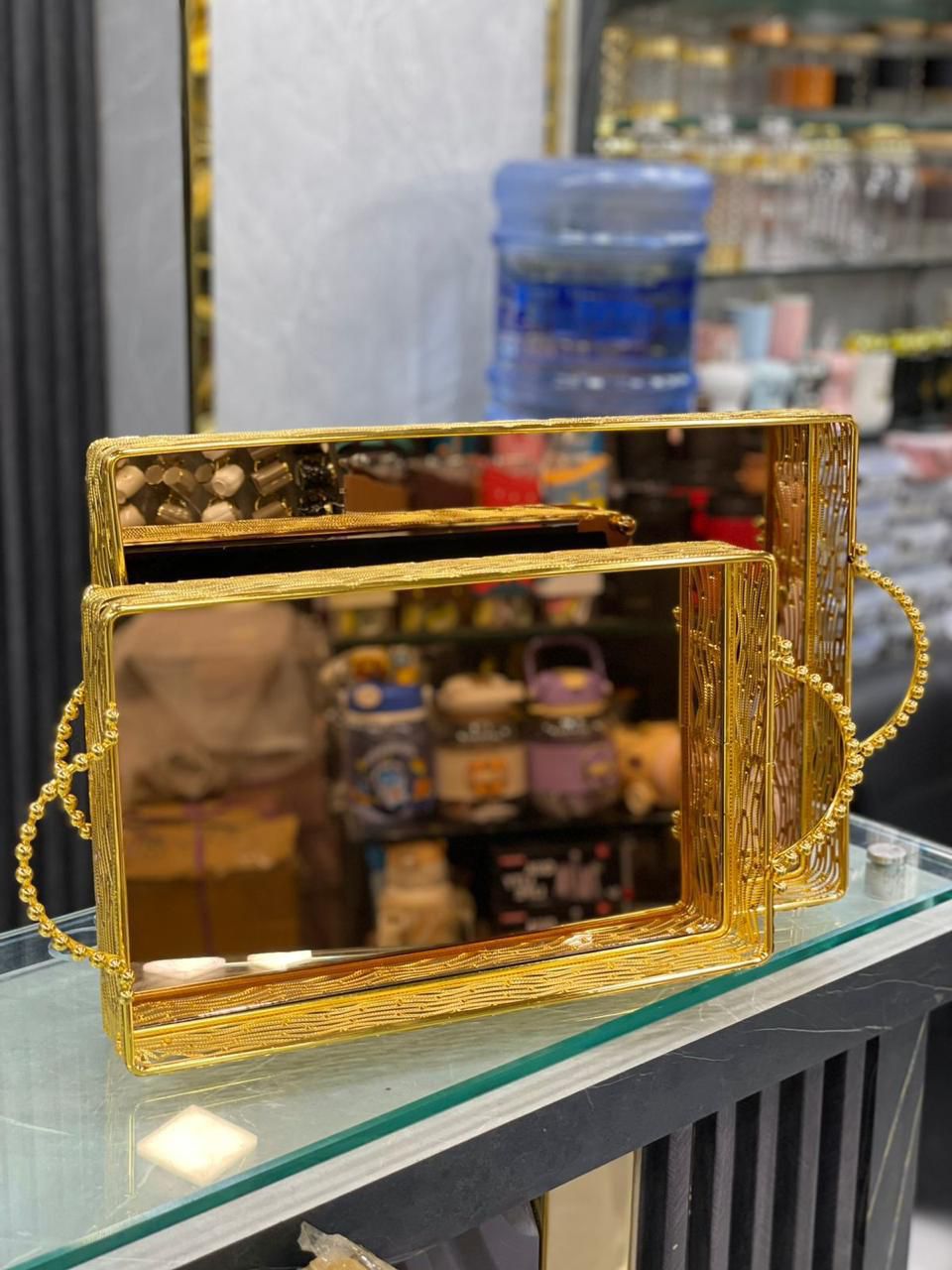 Gilded Mirror Serving Tray Set