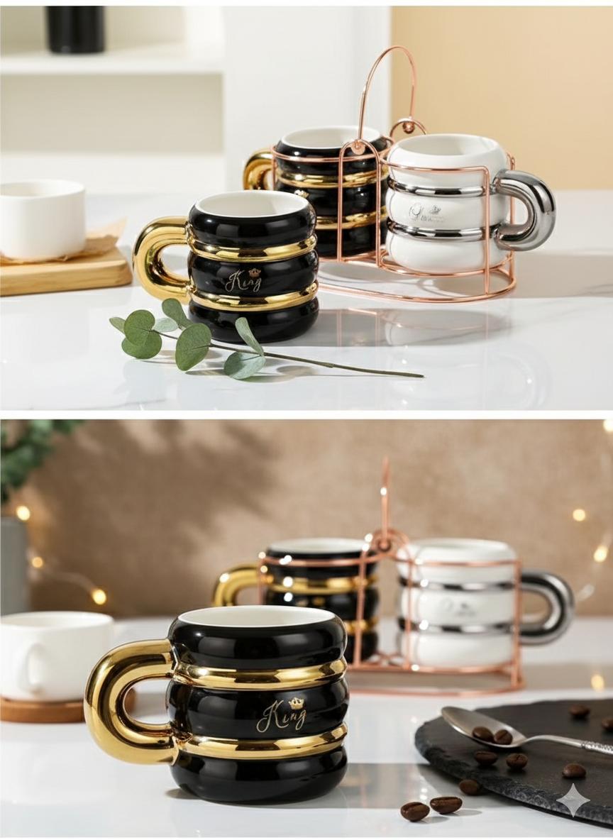 Imperial Ribbed Couple King and Queen Mug set with Mug holder.