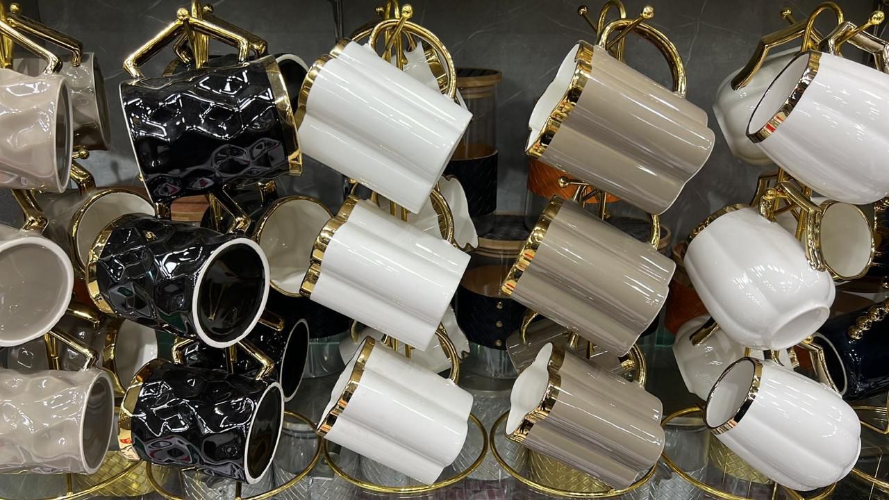 Elegant 6PC Ceramic Cup Set with Premium Metal Holder