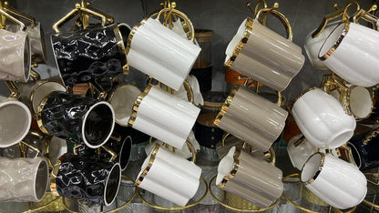 Elegant 6PC Ceramic Cup Set with Premium Metal Holder