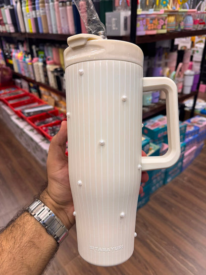 SITARAYURI Luxury Pearl Embellished Insulated Tumbler with Straw & Handle