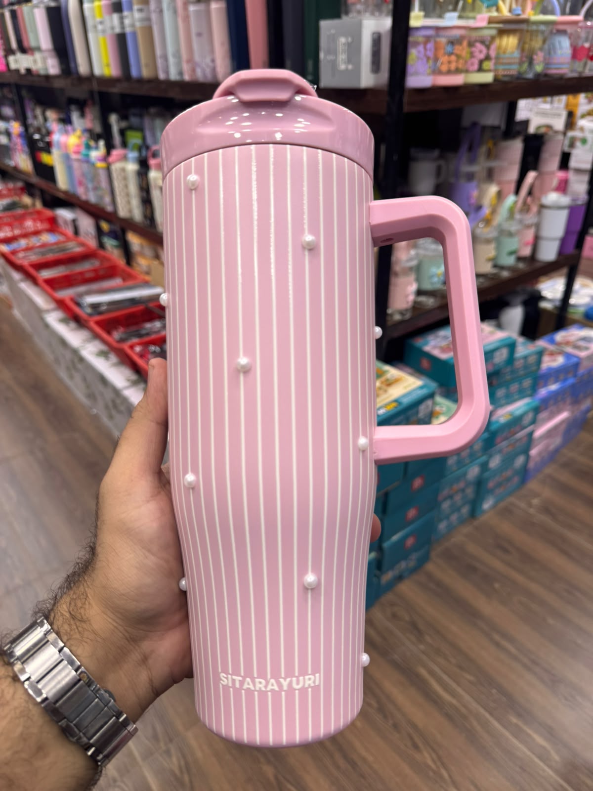 SITARAYURI Luxury Pearl Embellished Insulated Tumbler with Straw & Handle