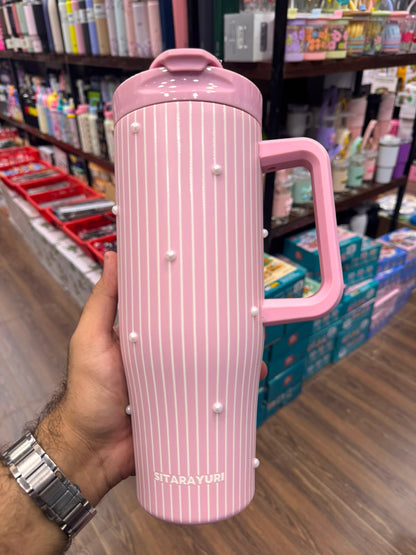 SITARAYURI Luxury Pearl Embellished Insulated Tumbler with Straw & Handle