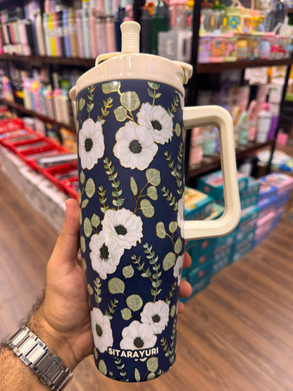 SITARAYURI Elegant Floral Print Stainless Steel Tumbler with Straw & Handle