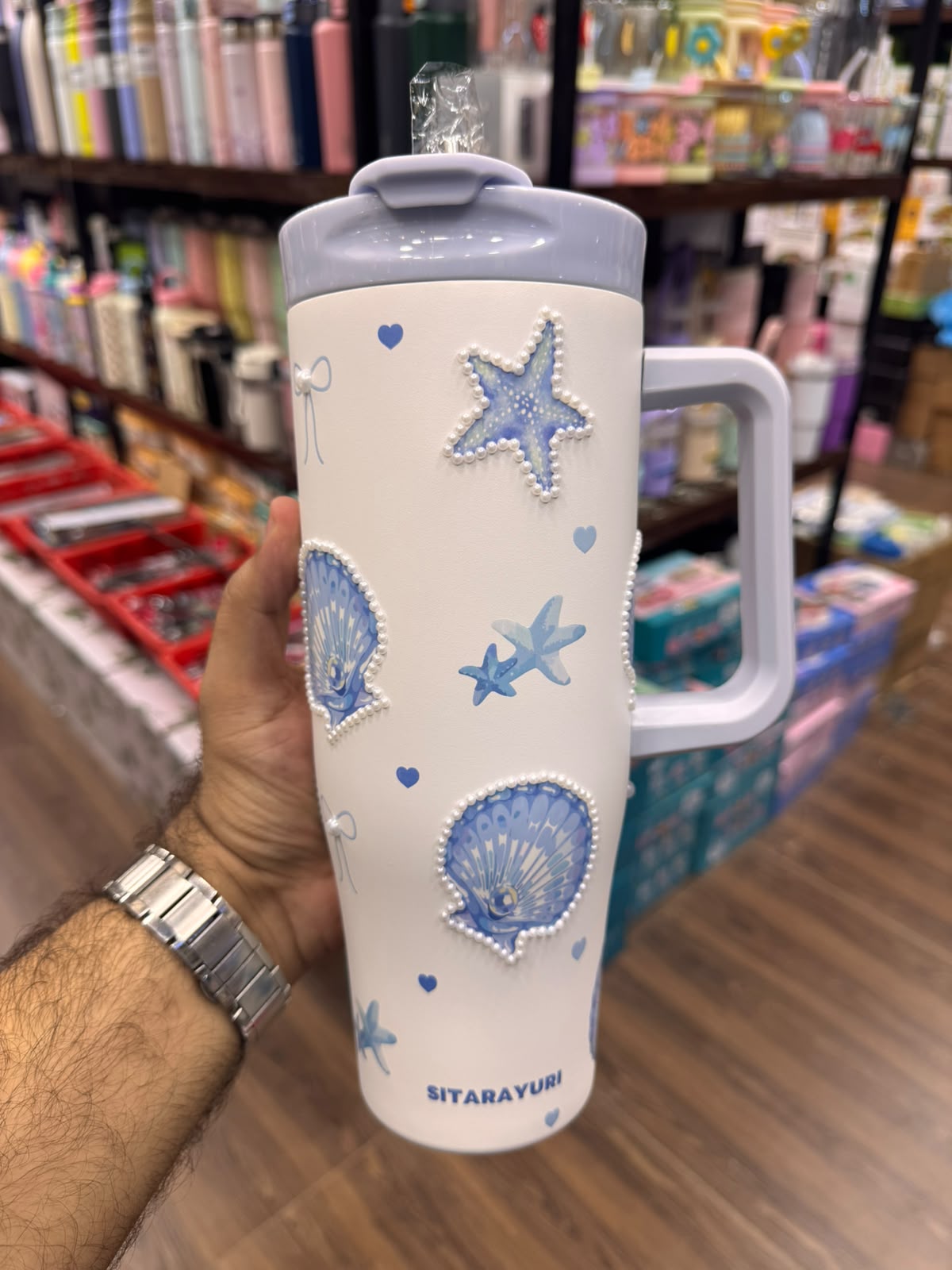 SITARAYURI Ocean Pearl & Seashell Insulated Stainless Steel Tumbler with Straw & Handle