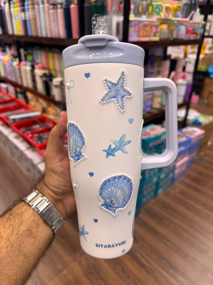 SITARAYURI Ocean Pearl & Seashell Insulated Stainless Steel Tumbler with Straw & Handle