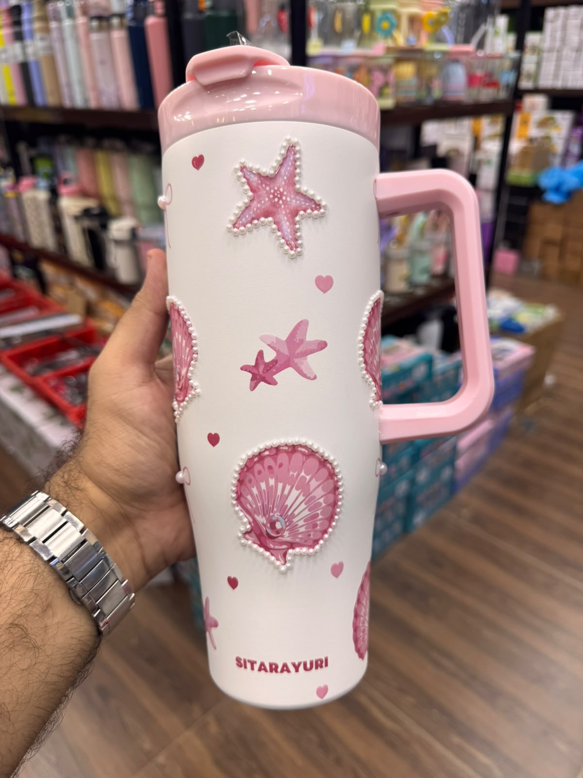 SITARAYURI Ocean Pearl & Seashell Insulated Stainless Steel Tumbler with Straw & Handle