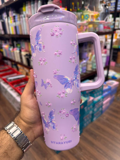 SITARAYURI Purple Butterfly & Pearl Embellished Insulated Stainless Steel Tumbler