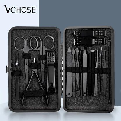 VCHOSE Premium Stainless Steel Manicure & Grooming Kit with Hard Leatherette Case (Black)
